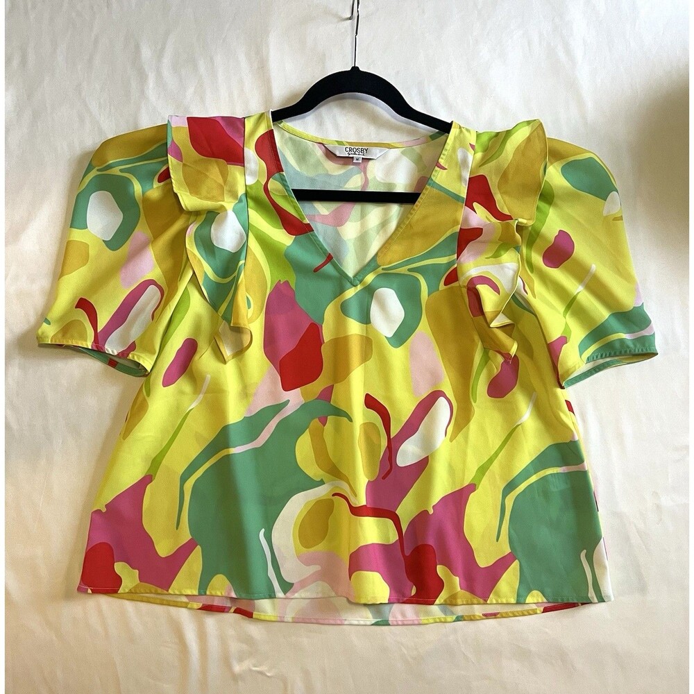 CROSBY by Mollie Burch Top M Abstract Floral Ruffle Sleeve Preppy Coastal